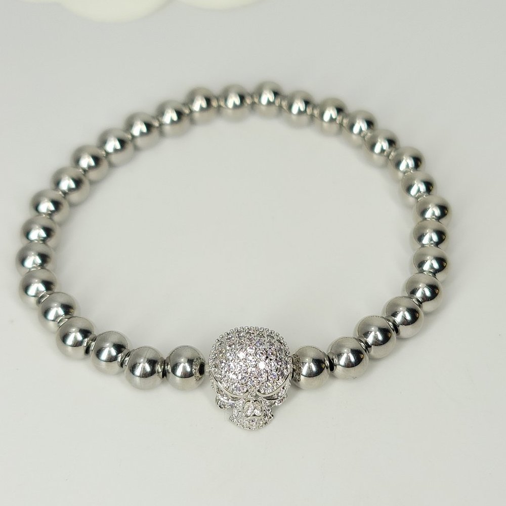 NEW Pave CZ Diamond Stainless Steel Skull Bracelet - Picture 3 of 7